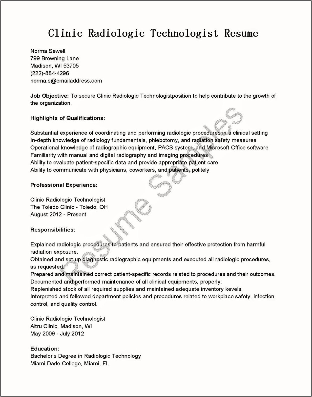 Entry Level Radiologic Technologist Resume Cover Letter