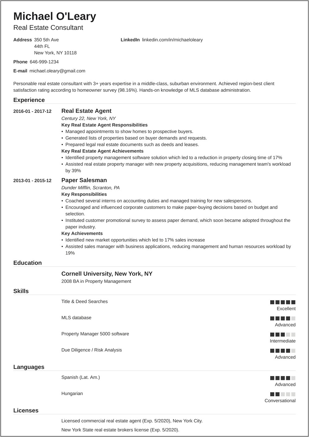 Entry Level Real Estate Agent Resume Example