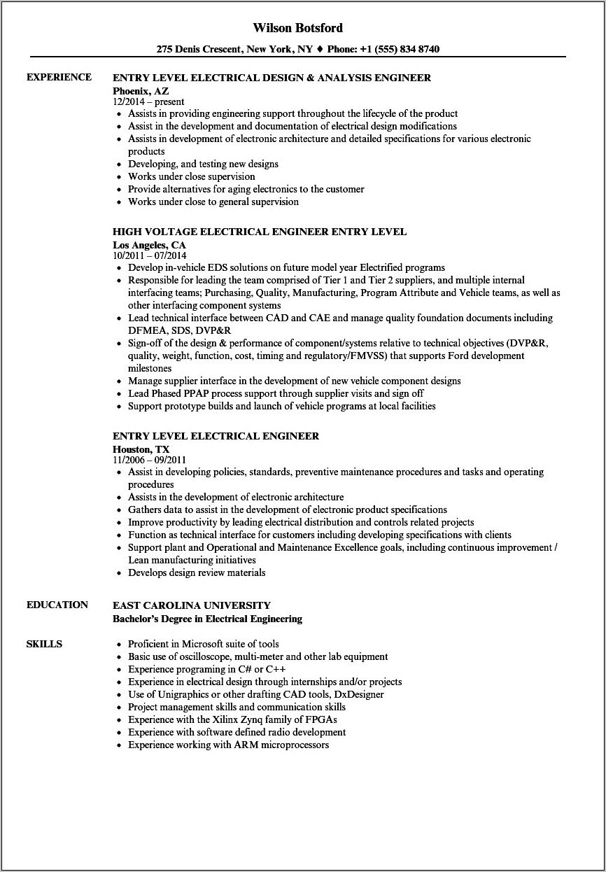 Entry Level Resume Example Engineer