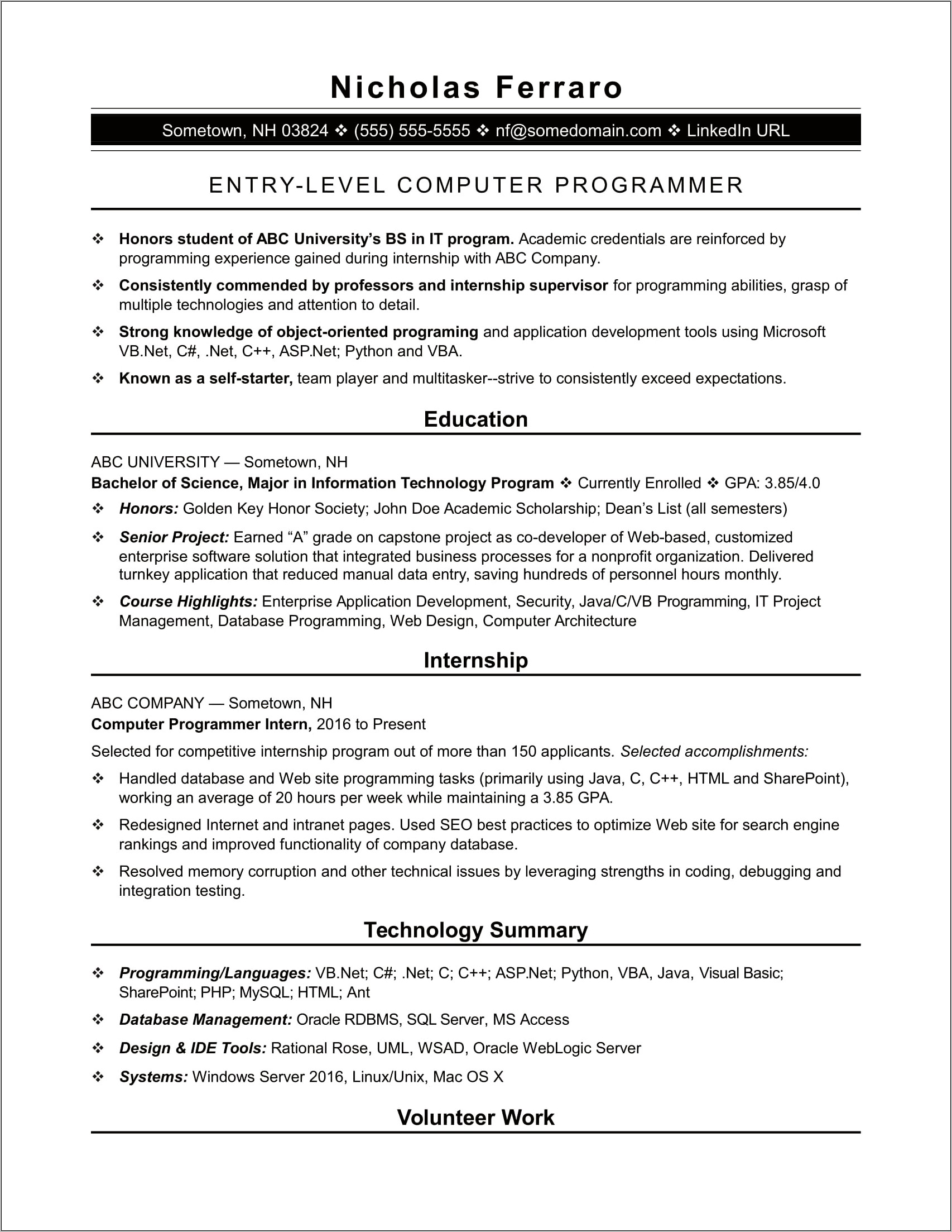 Entry Level Resume For Programming Jobs