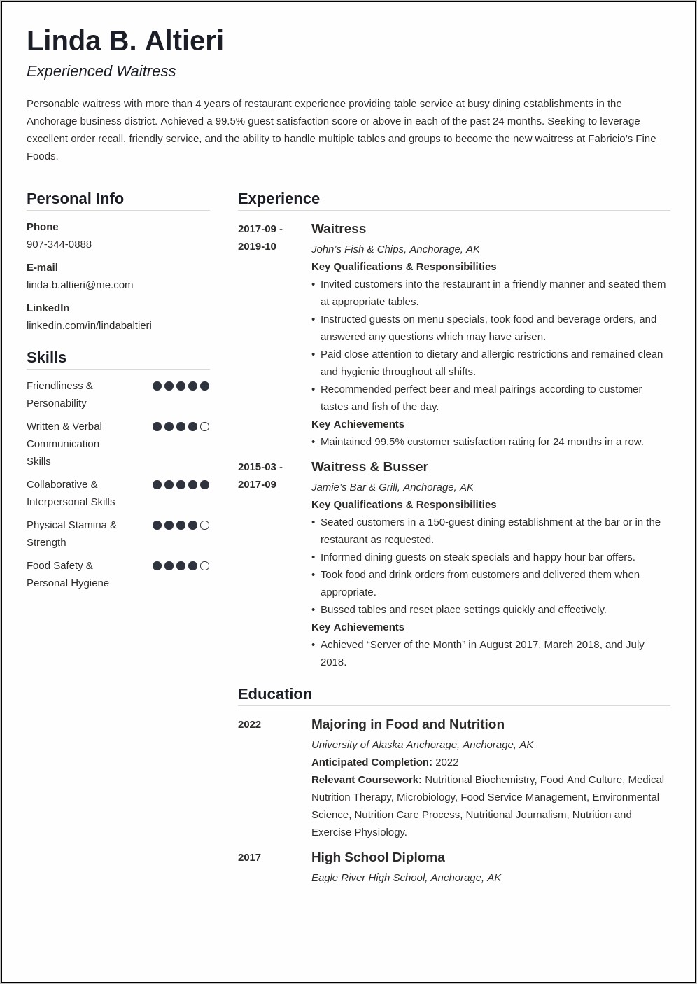 Entry Level Resume With Waiter Experience