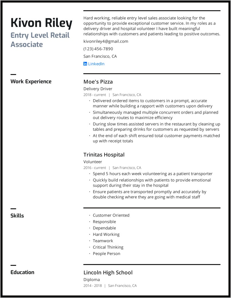 Entry Level Retail Resume Examples