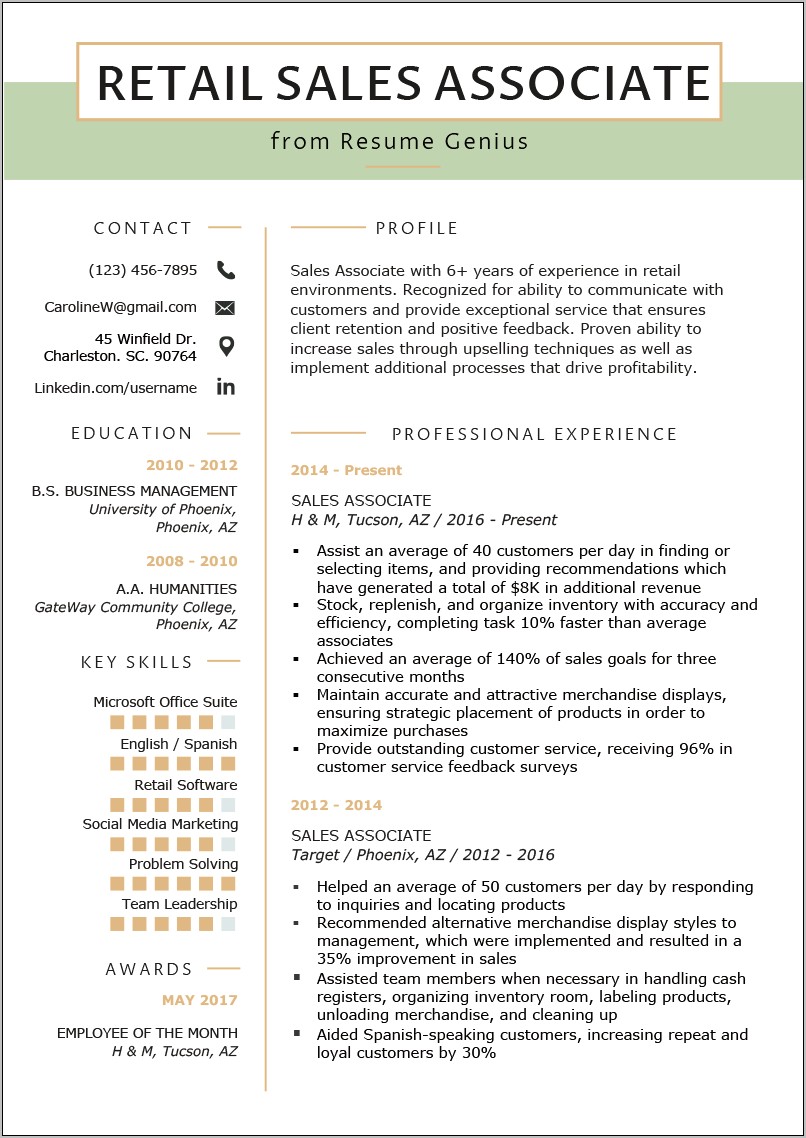 Entry Level Retail Sales Resume Sample