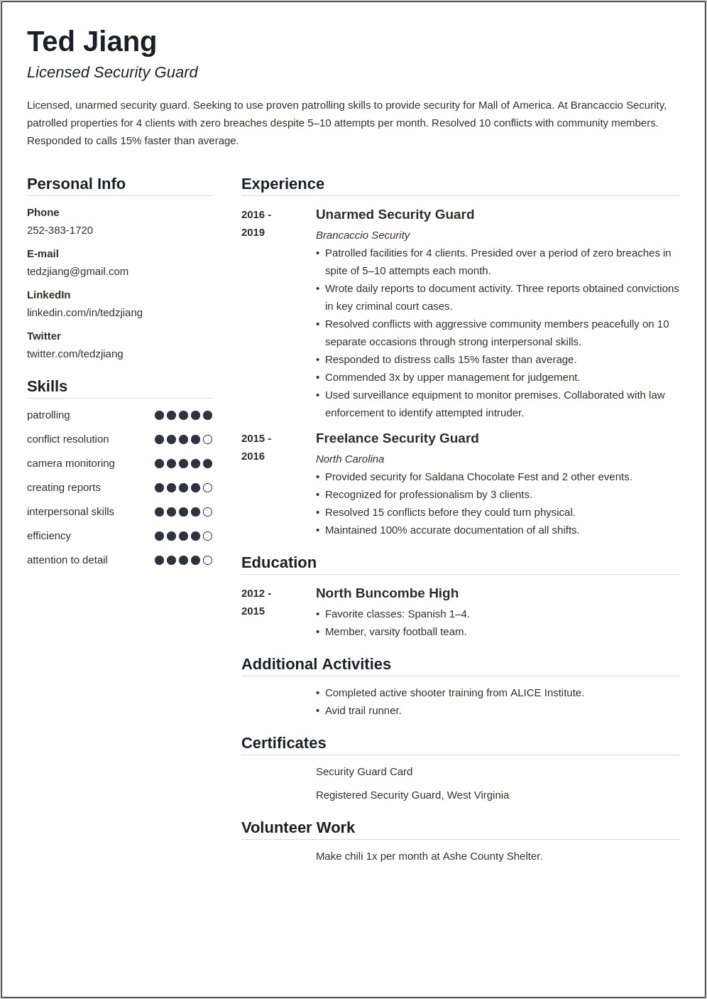 Entry Level Security Guard Resume Sample