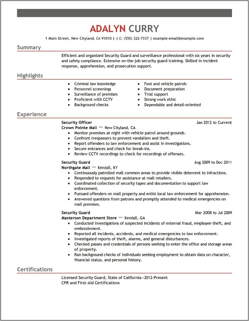 Entry Level Security Guard Resume Templates