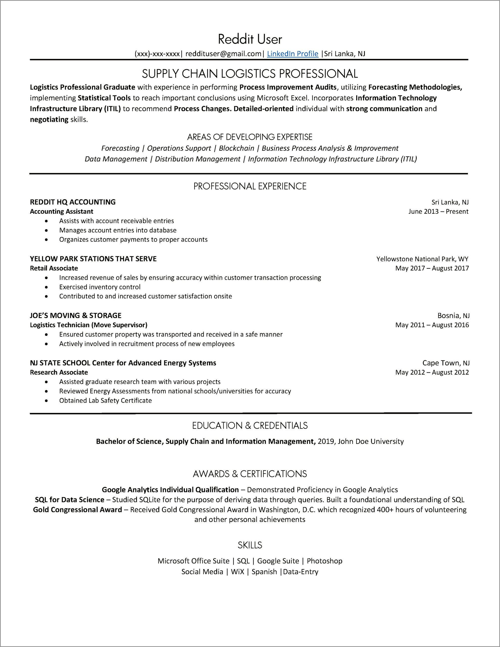 Entry Level Supply Chain Management Resume