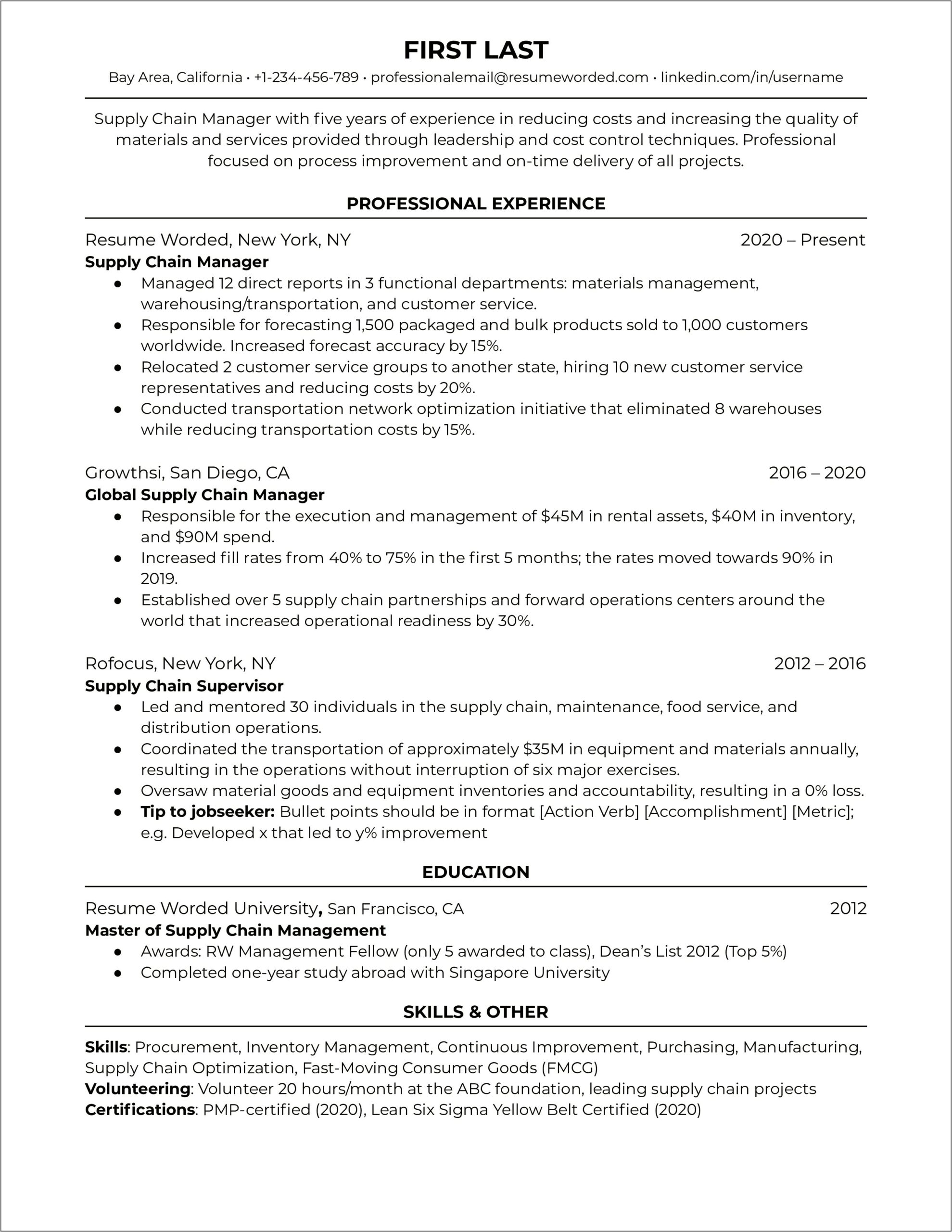 Entry Level Supply Chain Resume Sample