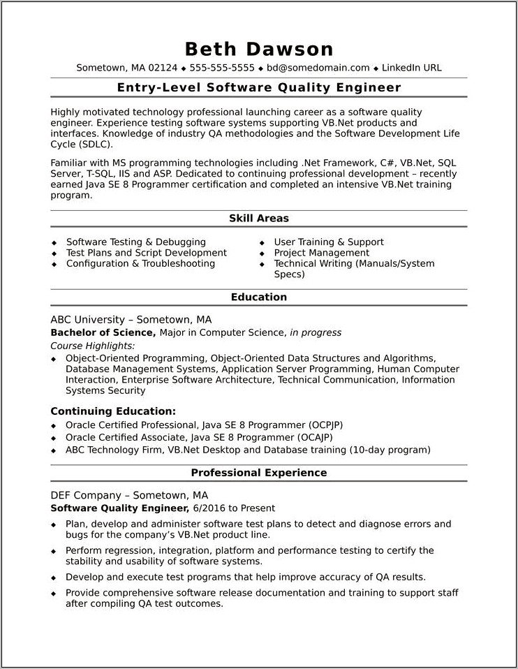Entry Level Testing Resume Samples