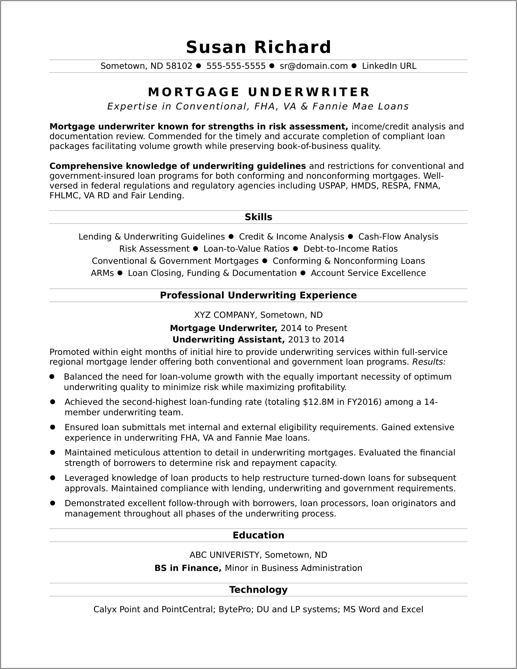 Entry Level Underwriting Assistant Sample Resume