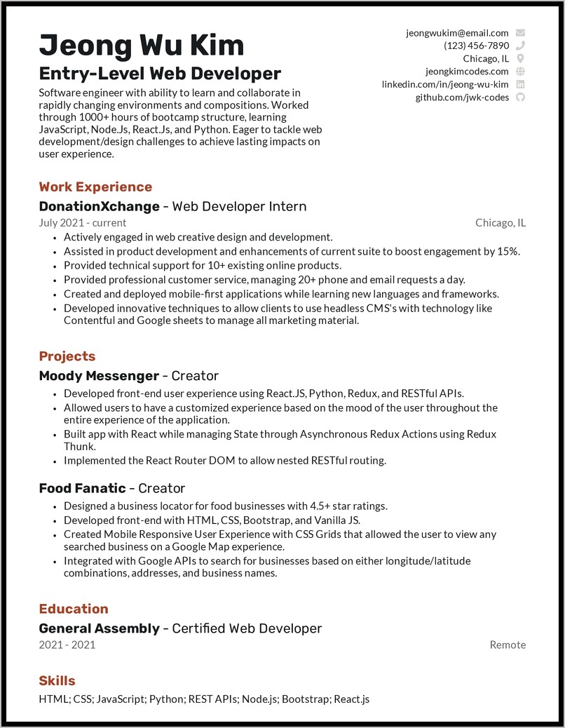 Entry Level Web Developer Resume Example