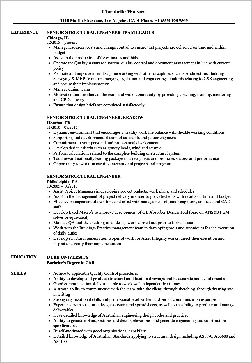 Entry Structural Engineer Resume Example