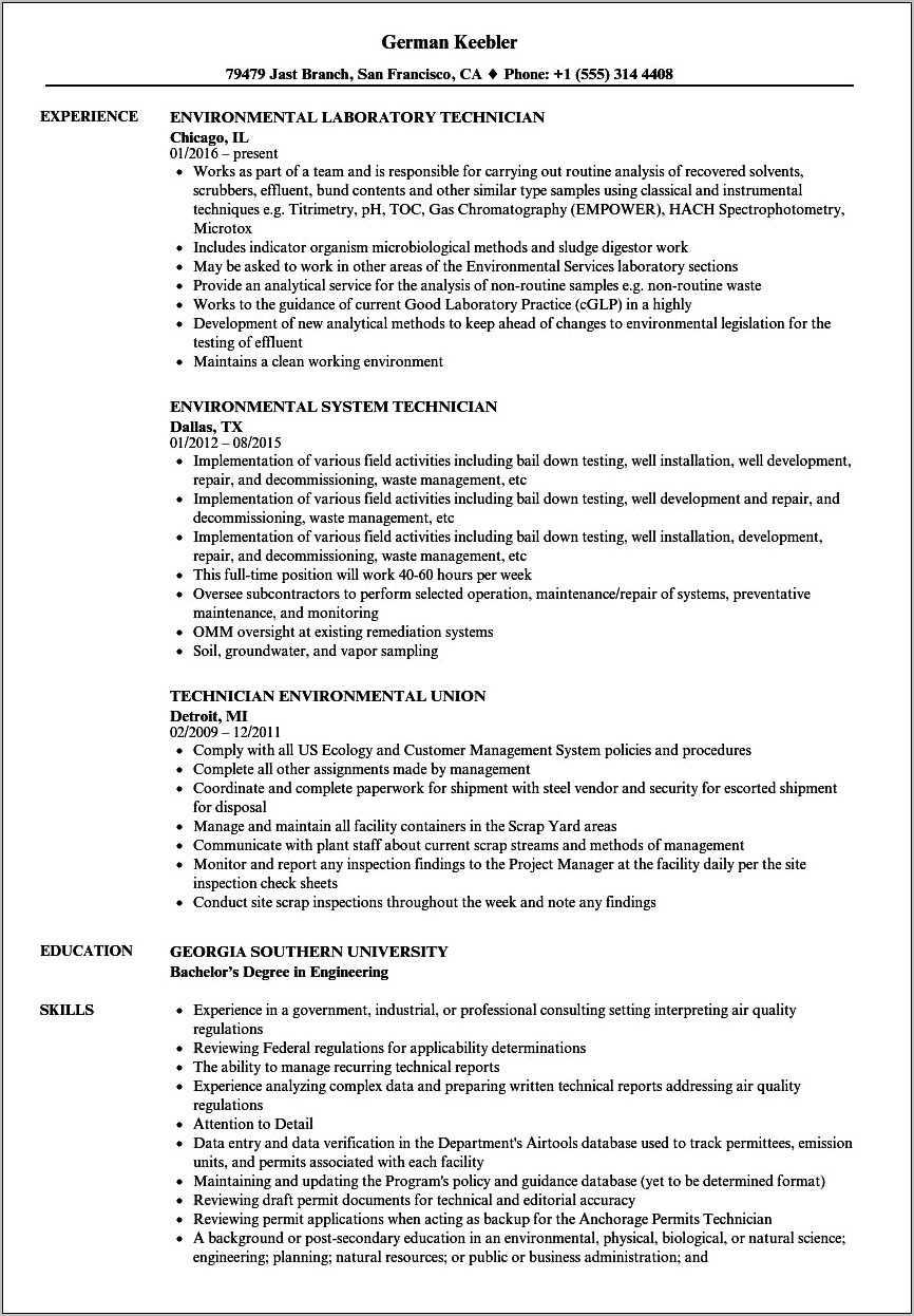 Enviromental Technician Job Description For Resume