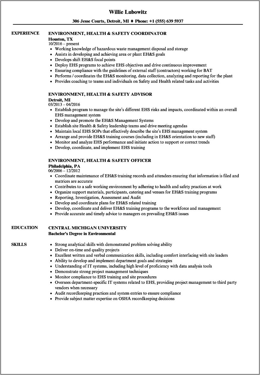 Environmental Health And Safety Entry Level Resume Sample