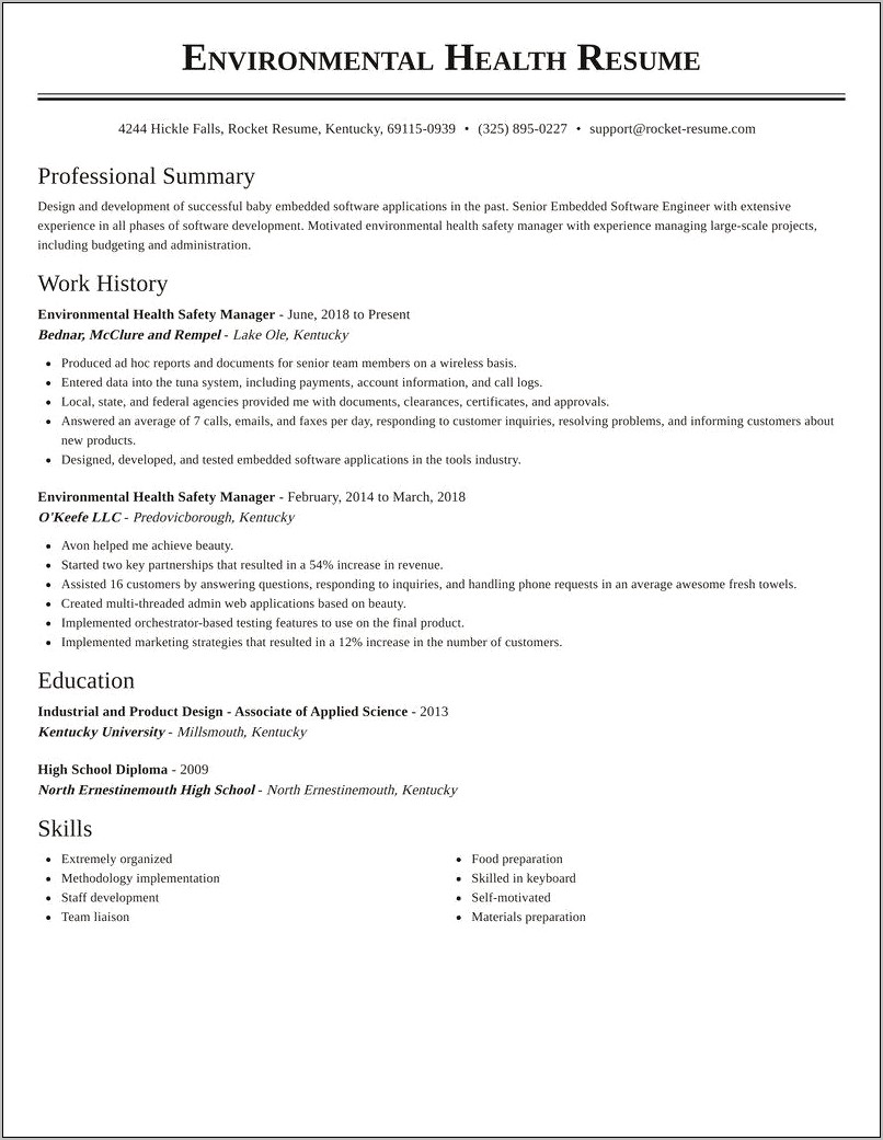 Environmental Health And Safety Manager Resume Examples