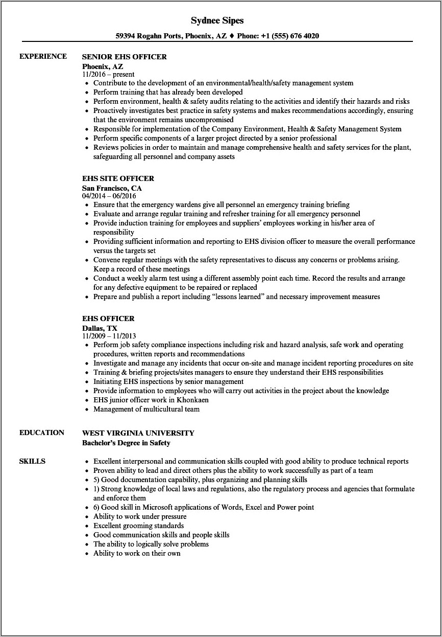 Environmental Health And Safety Manager Resume