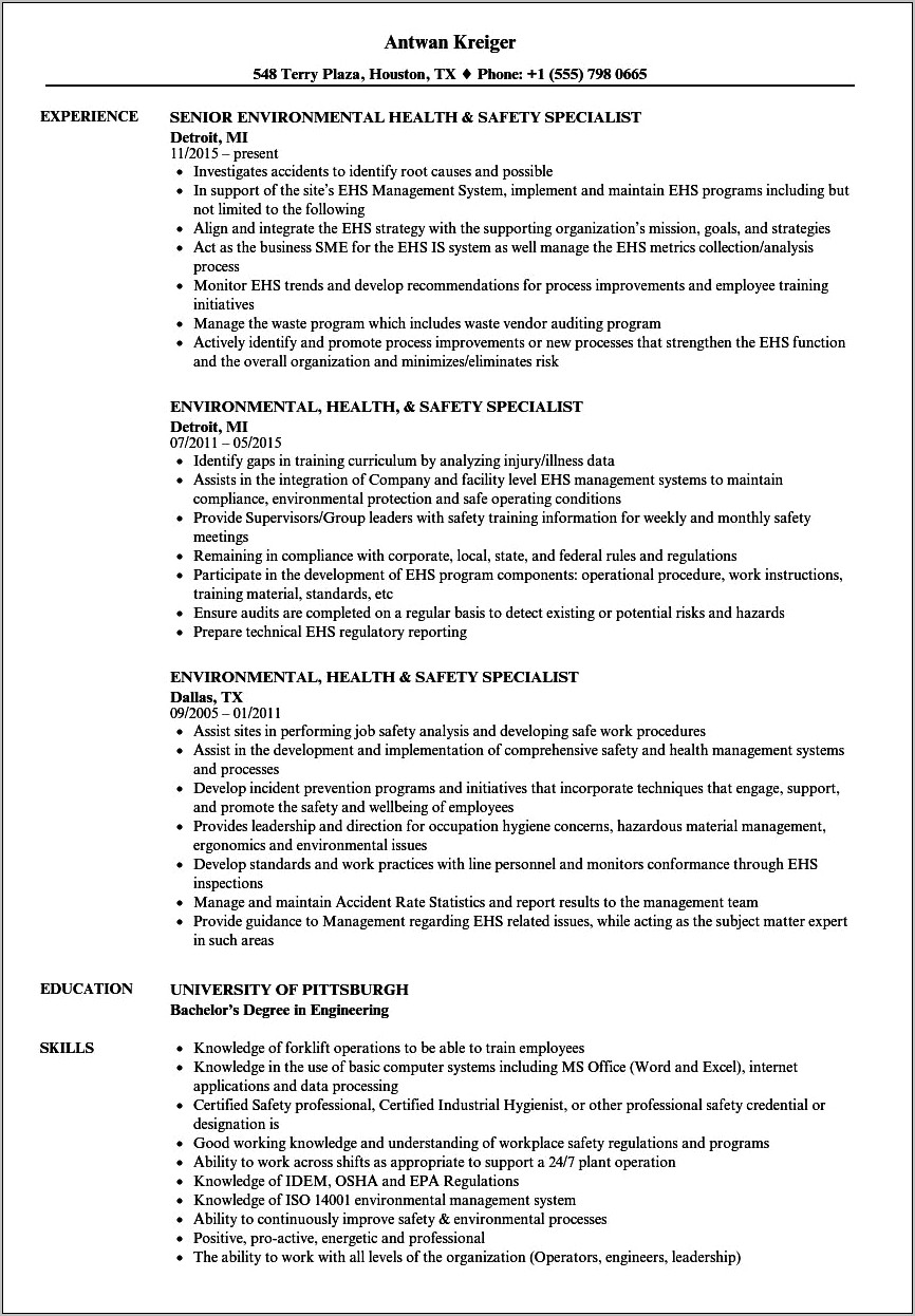 Environmental Health And Safety Resume Objective