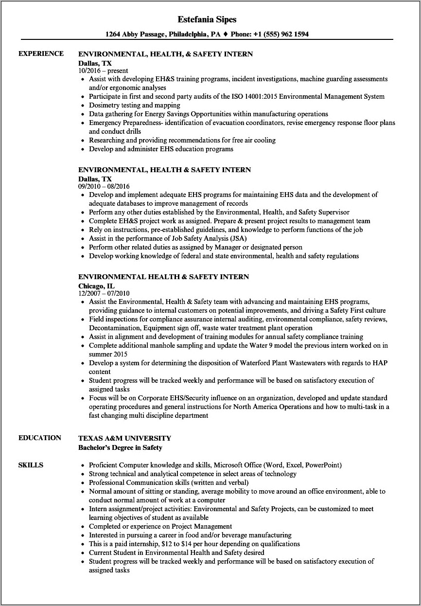 Environmental Health And Safety Resume Templates