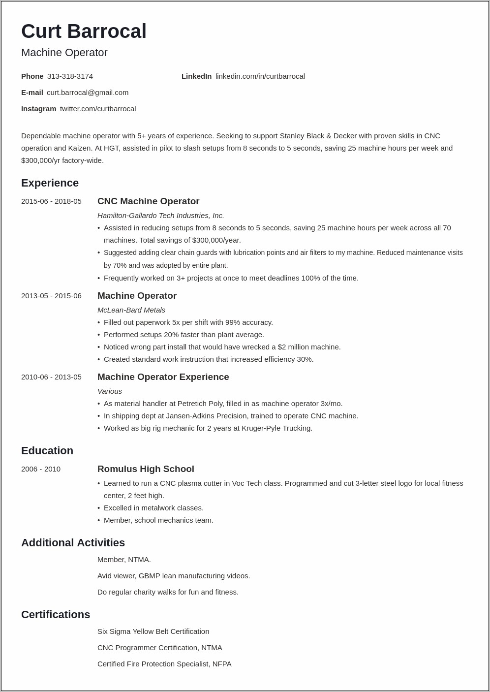Equipment Operator Job Description Resume