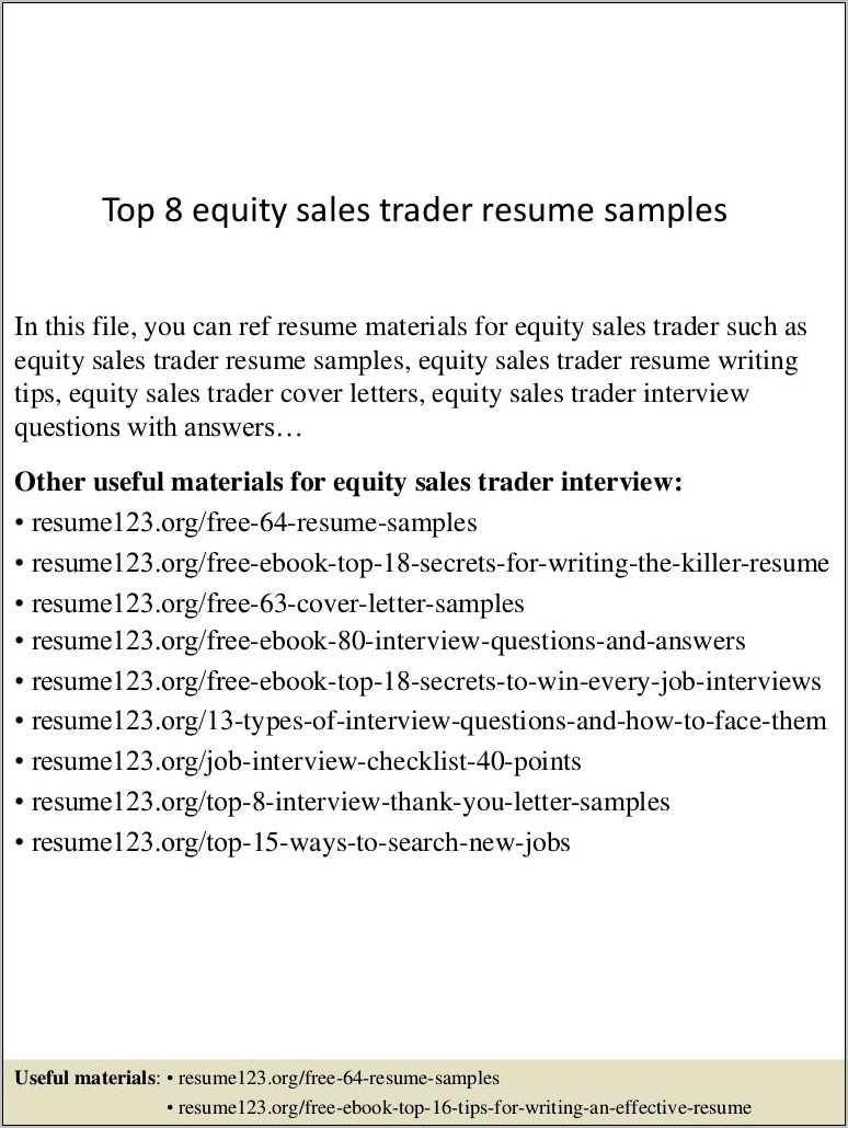 Equity Dealer Job Resume Format