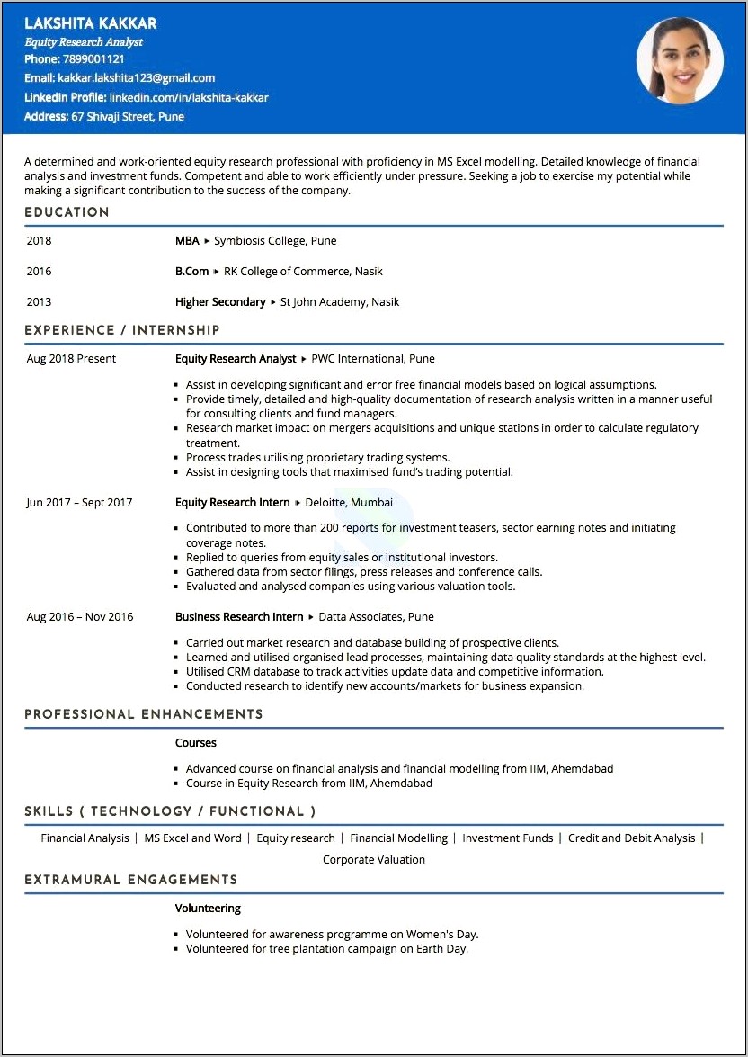 Equity Research Analyst Fresher Resume Sample