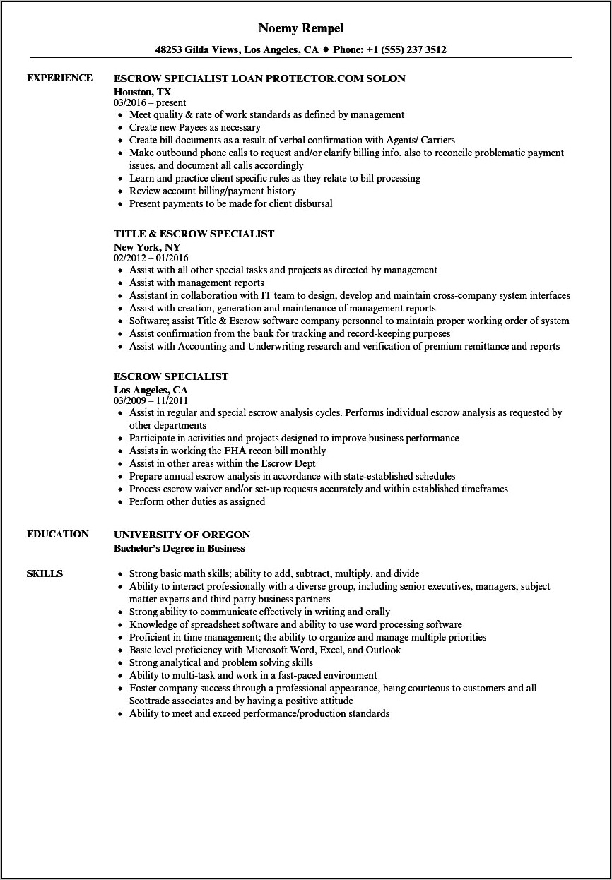 Escrow Officer Job Description Resume