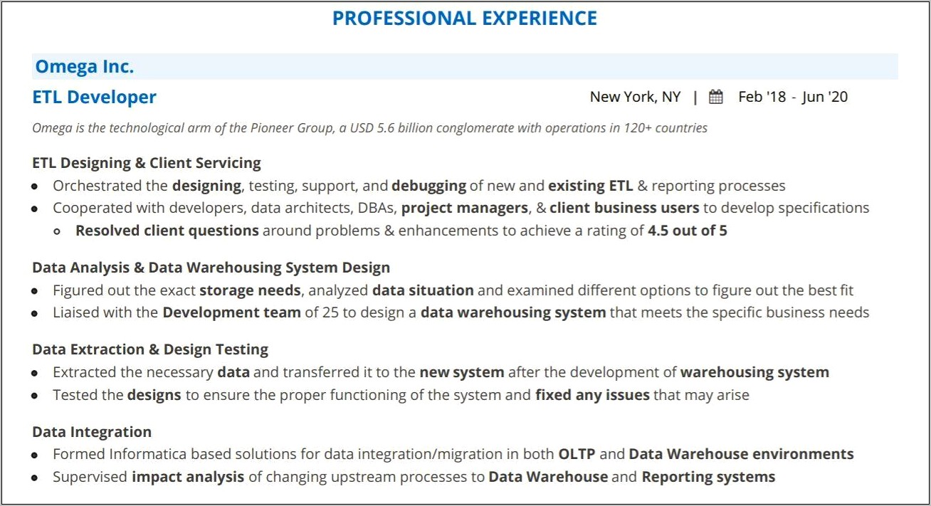 Etl And Data Warehousing On Resume Sample