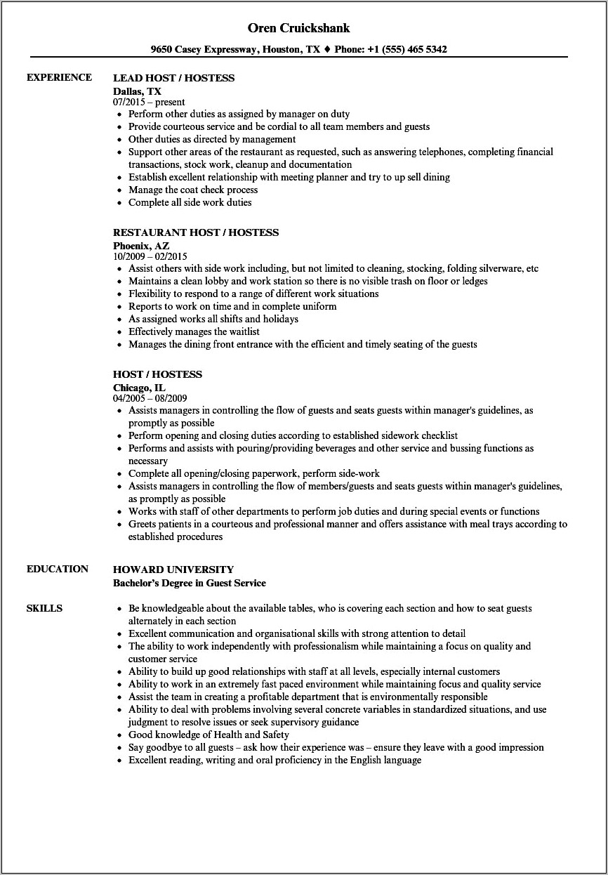 Event Hostess Job Description For Resume