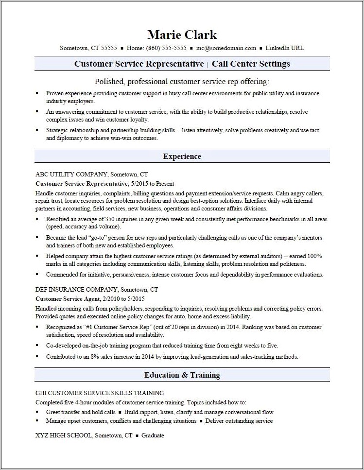Example Call Center Specialist Resume