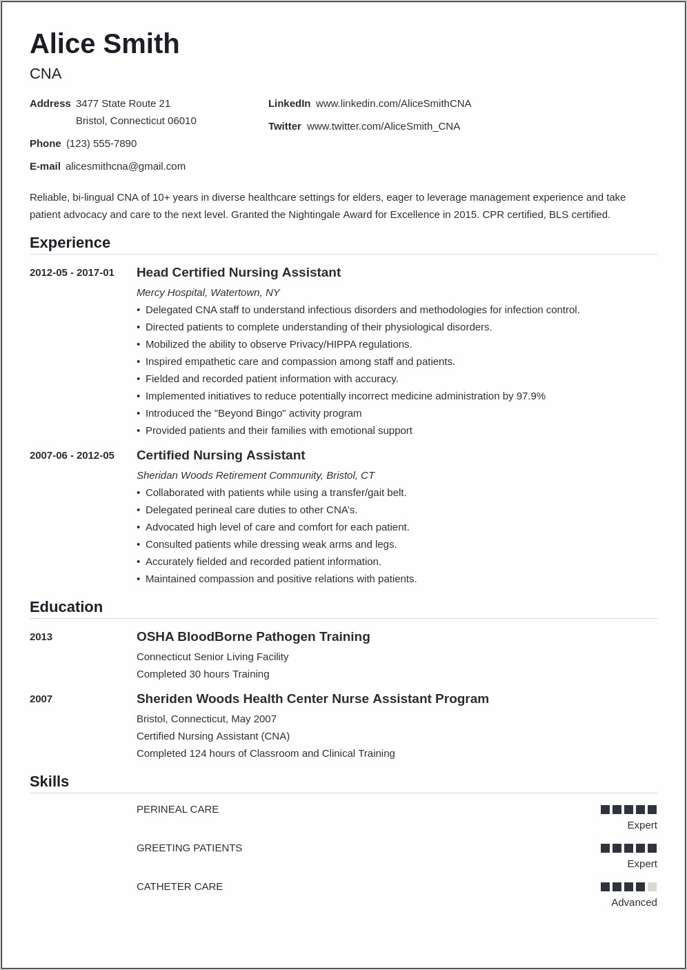 Example Cna Resume For Hospital Position