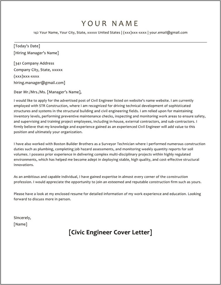 Example Cover Letter For Resume Construction