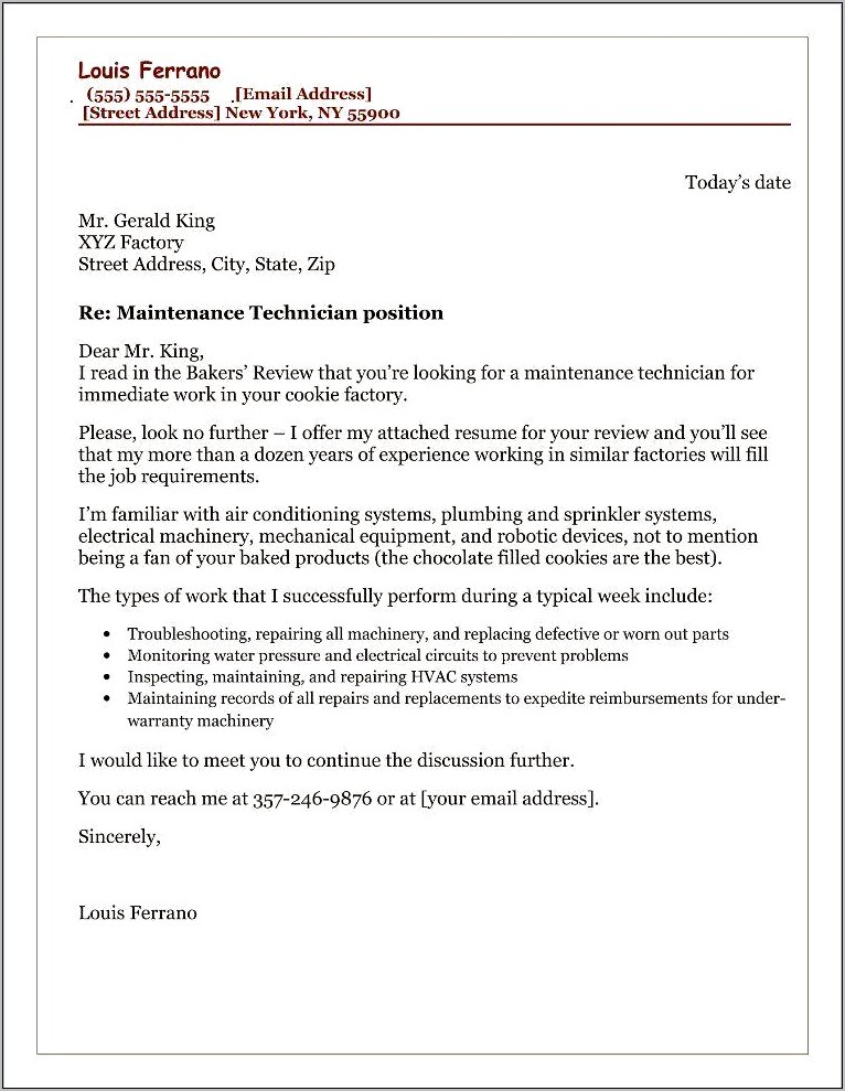 Example Cover Letter For Resume For Maintenance Technician
