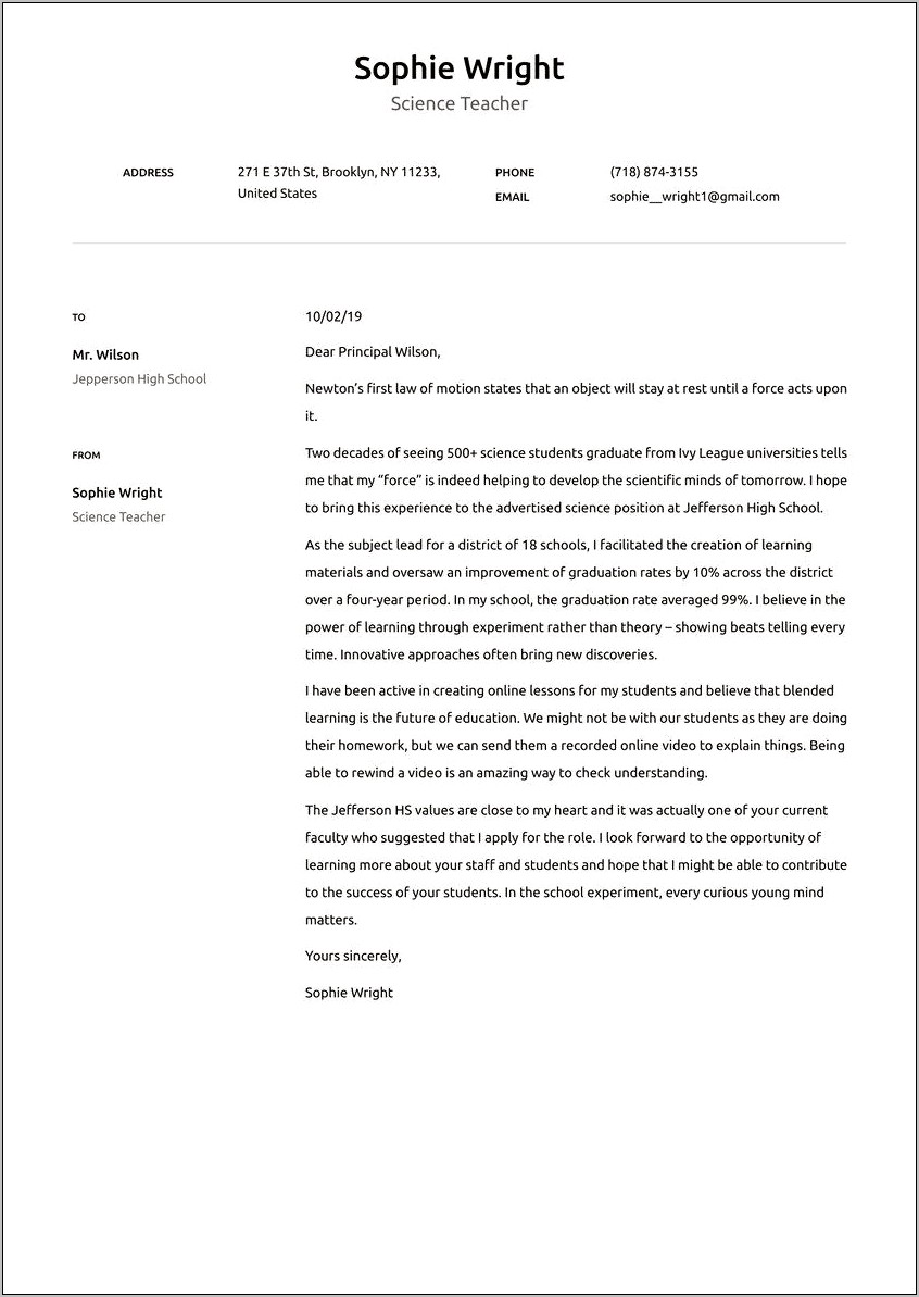 Example Cover Letter For Resume Teacher