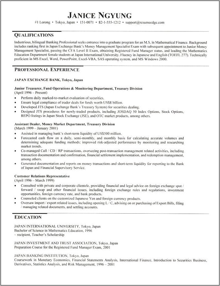Example Cv Resume For Graduate Student