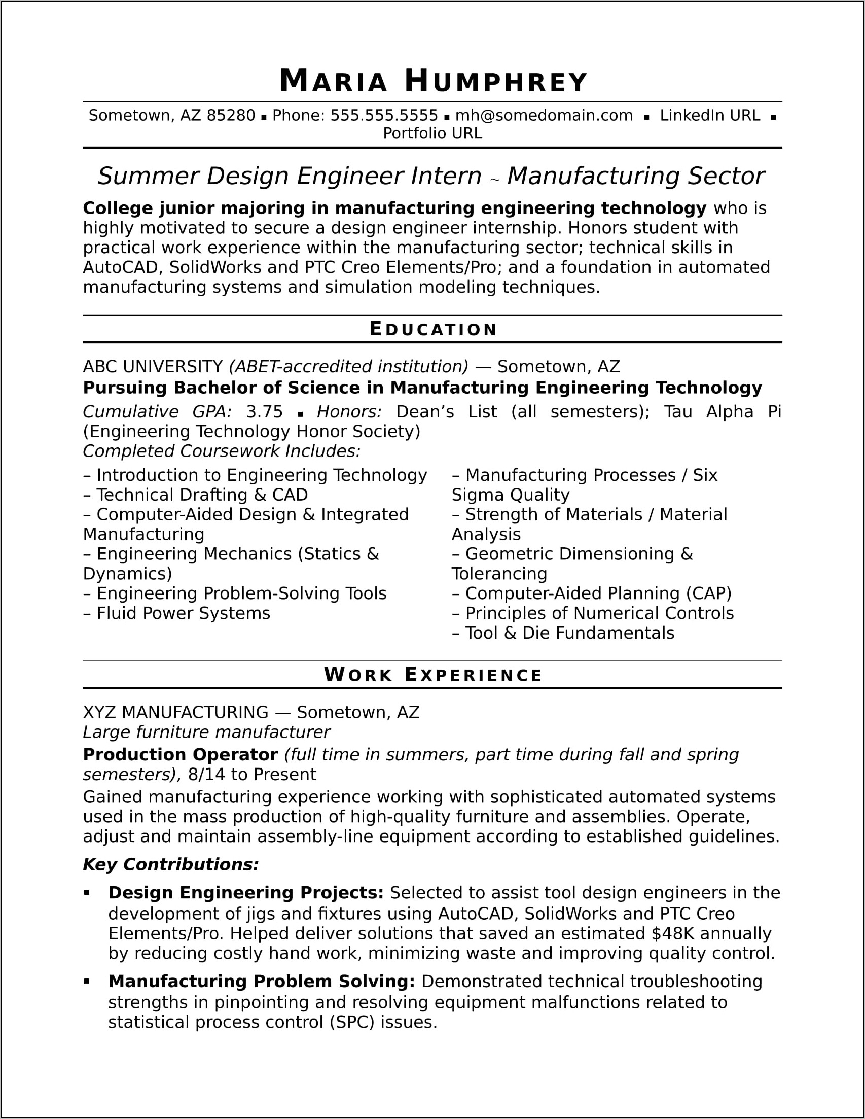 Example Engineer Resume Entry Level