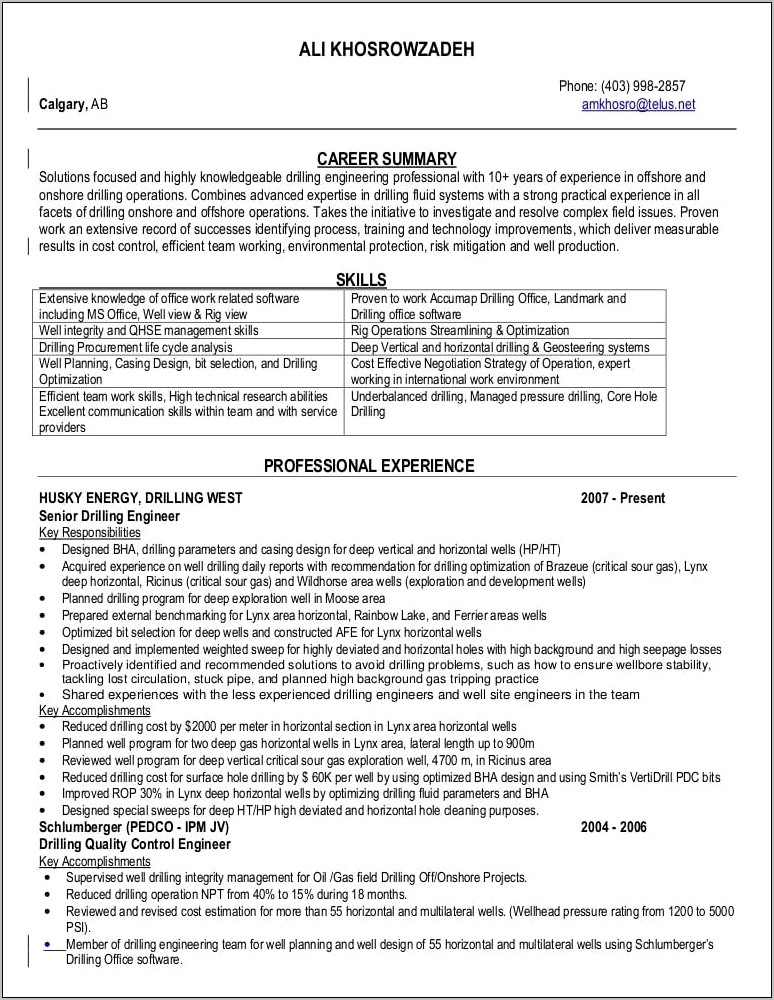Example For A Resume For Drilling Rig Company