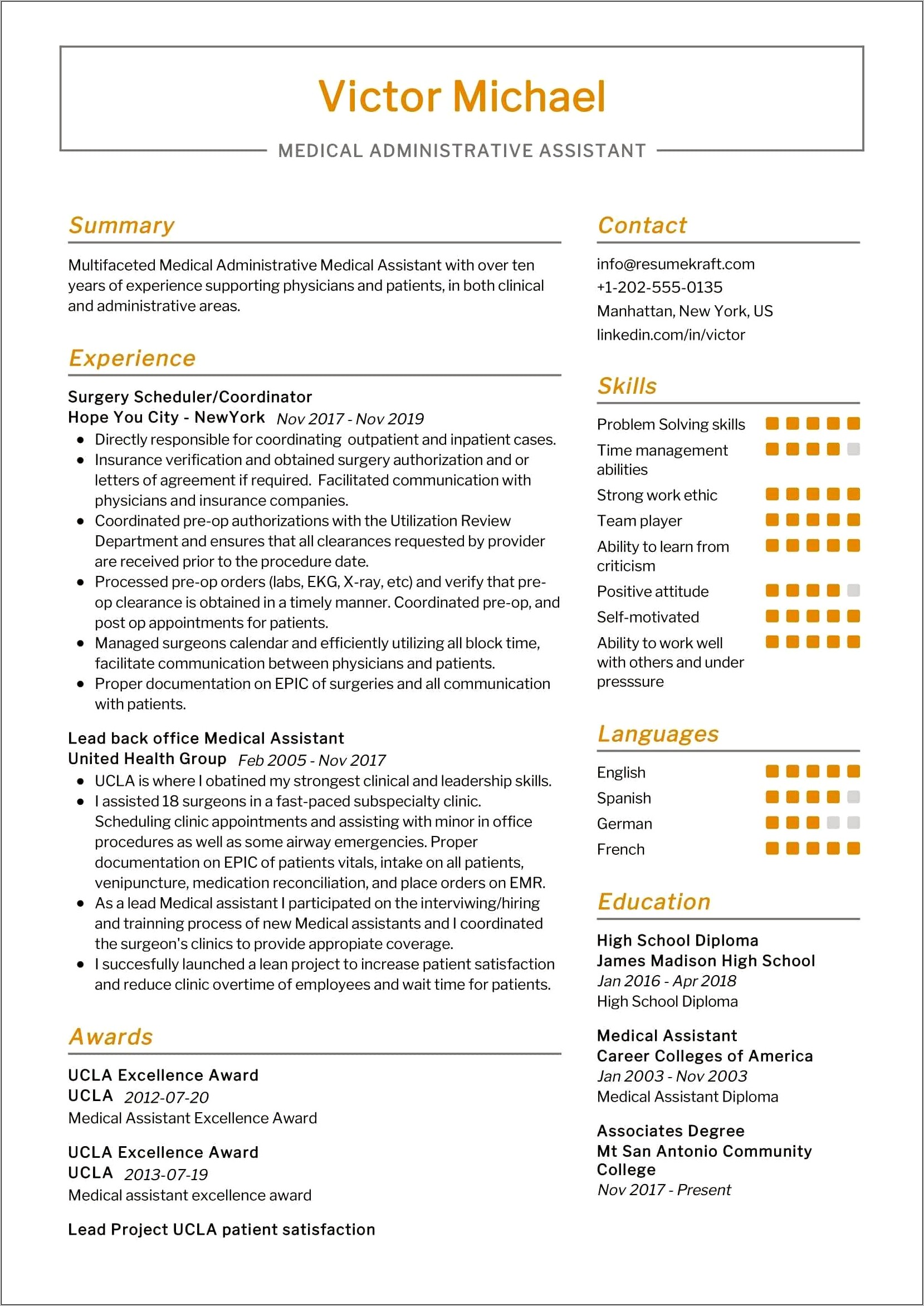 Example For A Resume For Medical Assitance