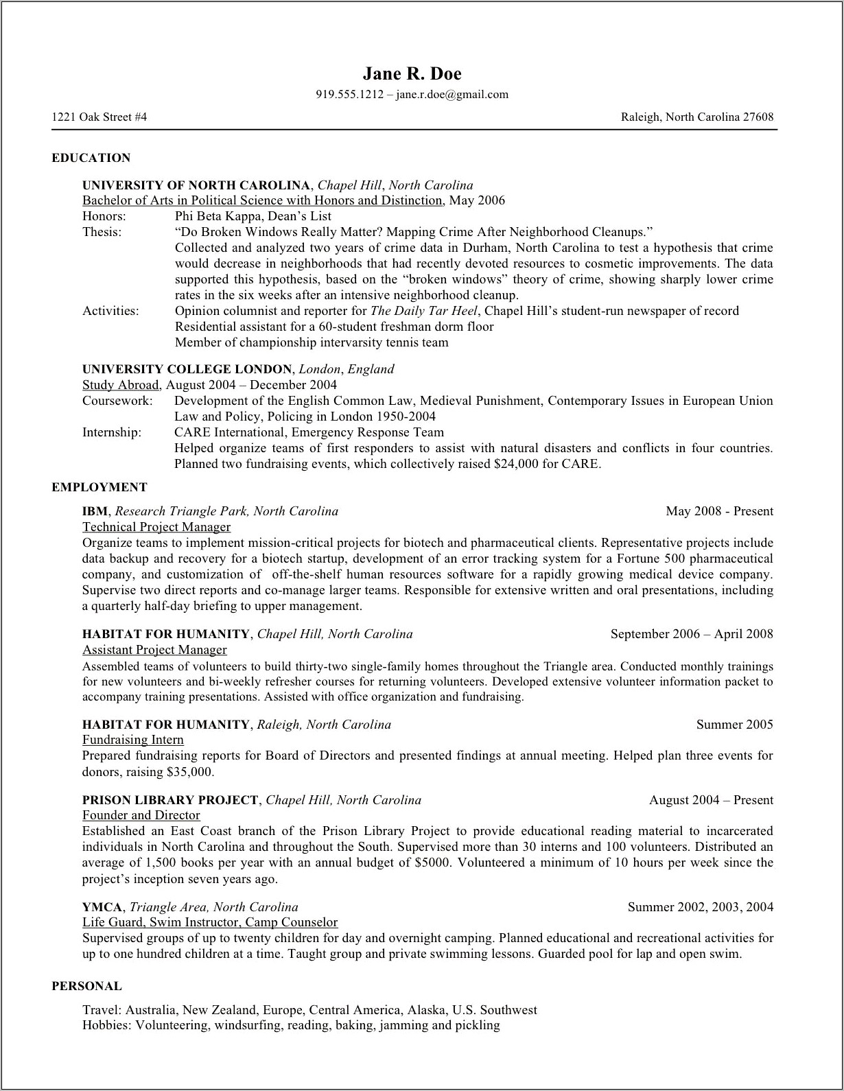 Example Grad School Application Resume
