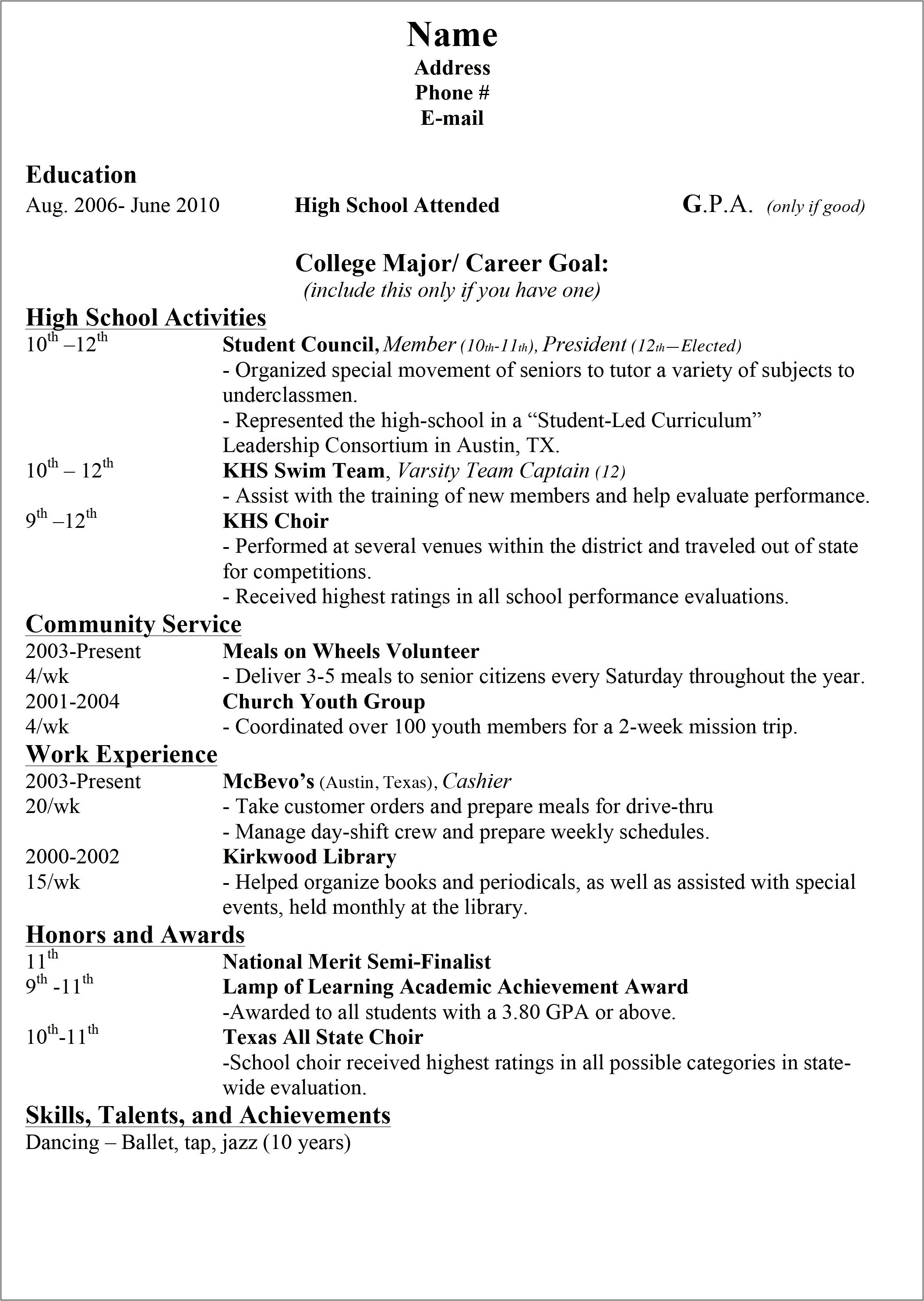 Example High School Resume For Job