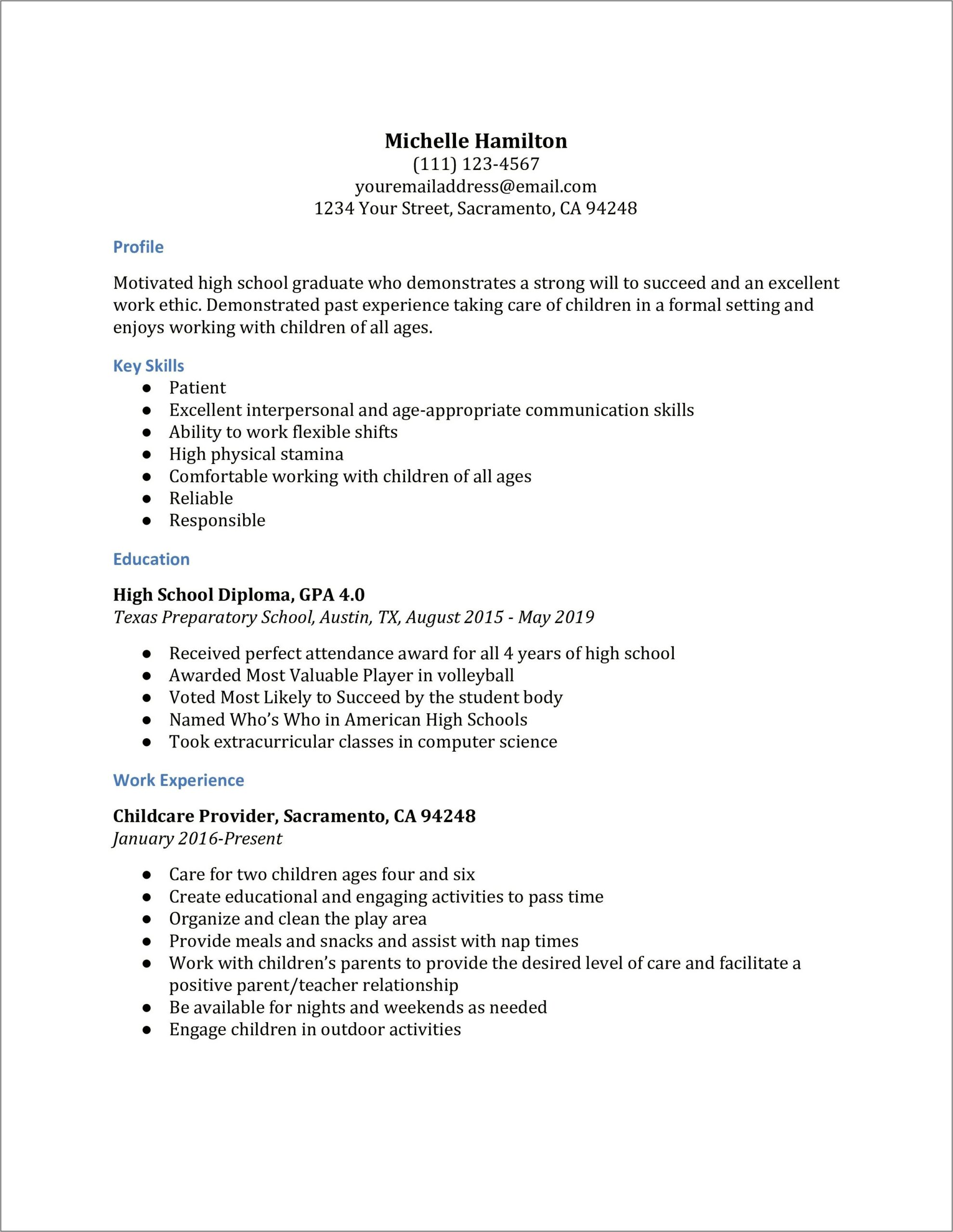 Example Job Resume For High School Student