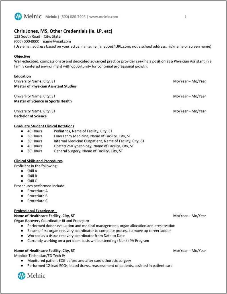 Example New Grad Physician Assistant Resume