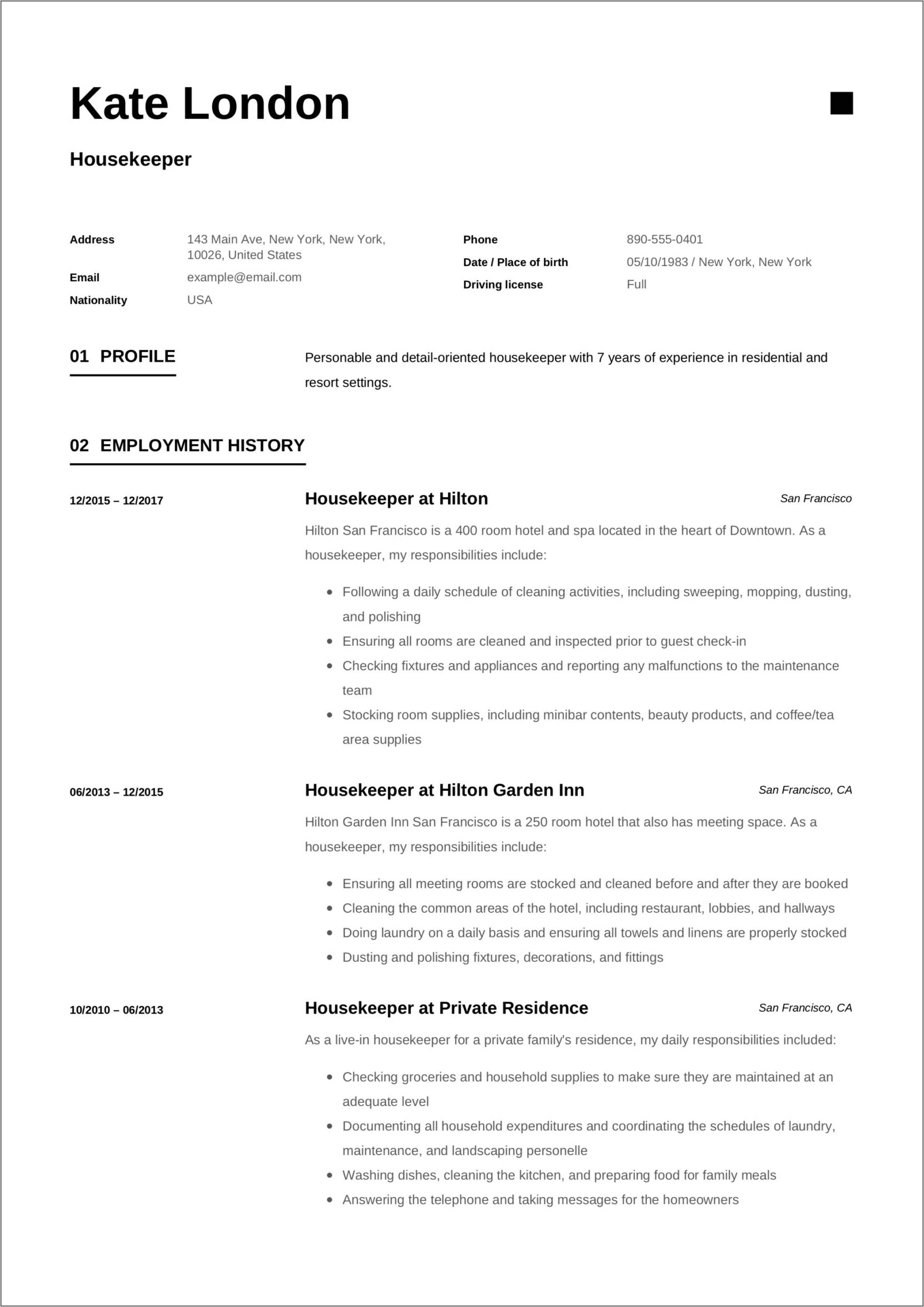 Example Non Experience Resume For Houskeeper