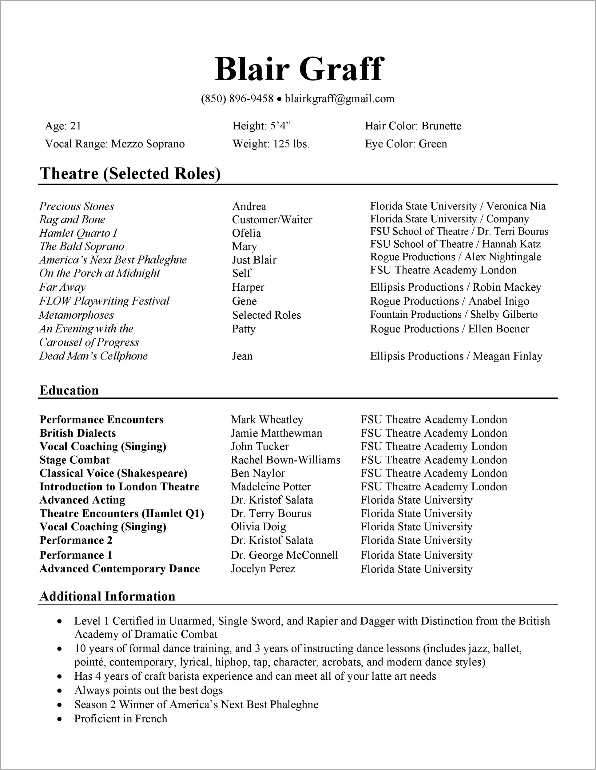 Example Of A Auditon Resume