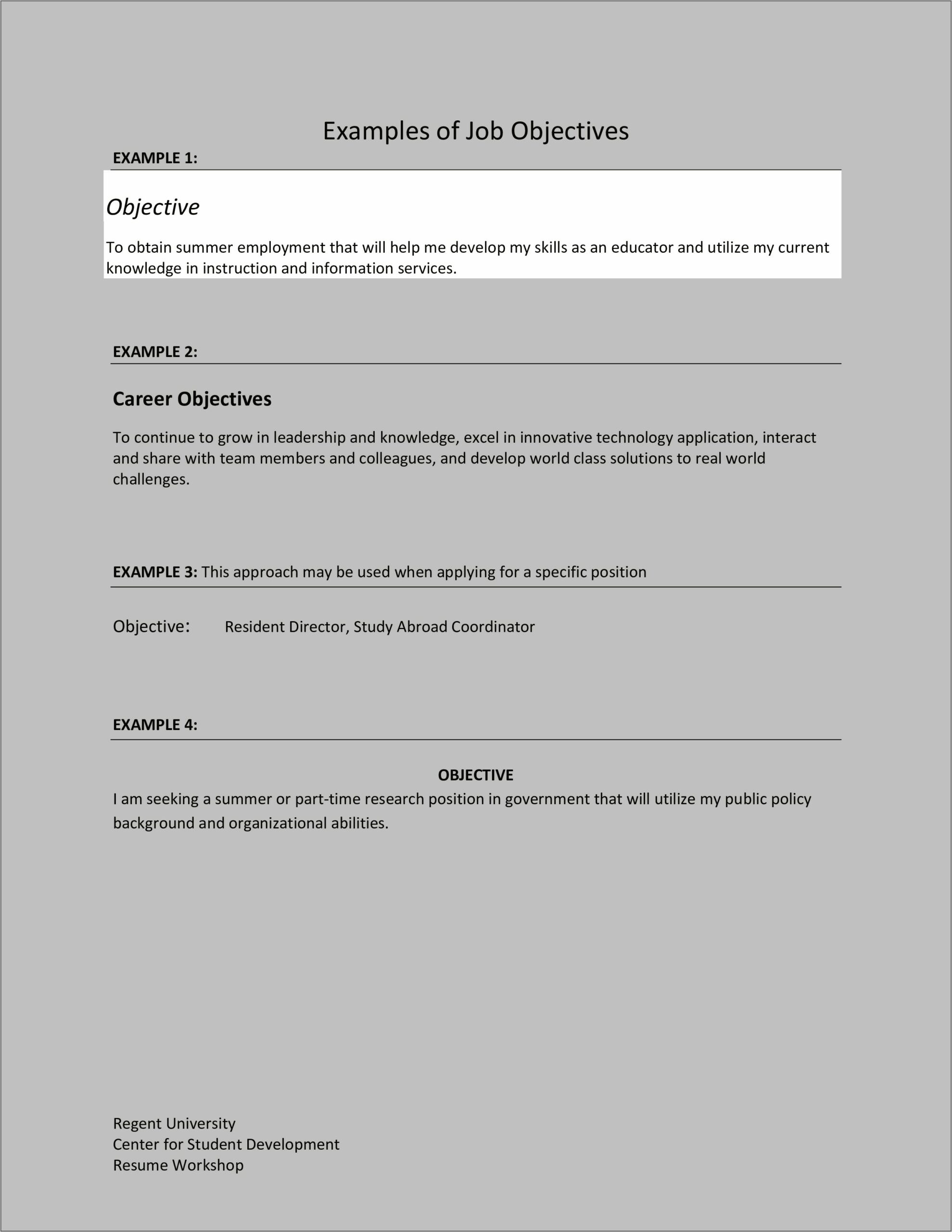 Example Of A Basic Resume Objective