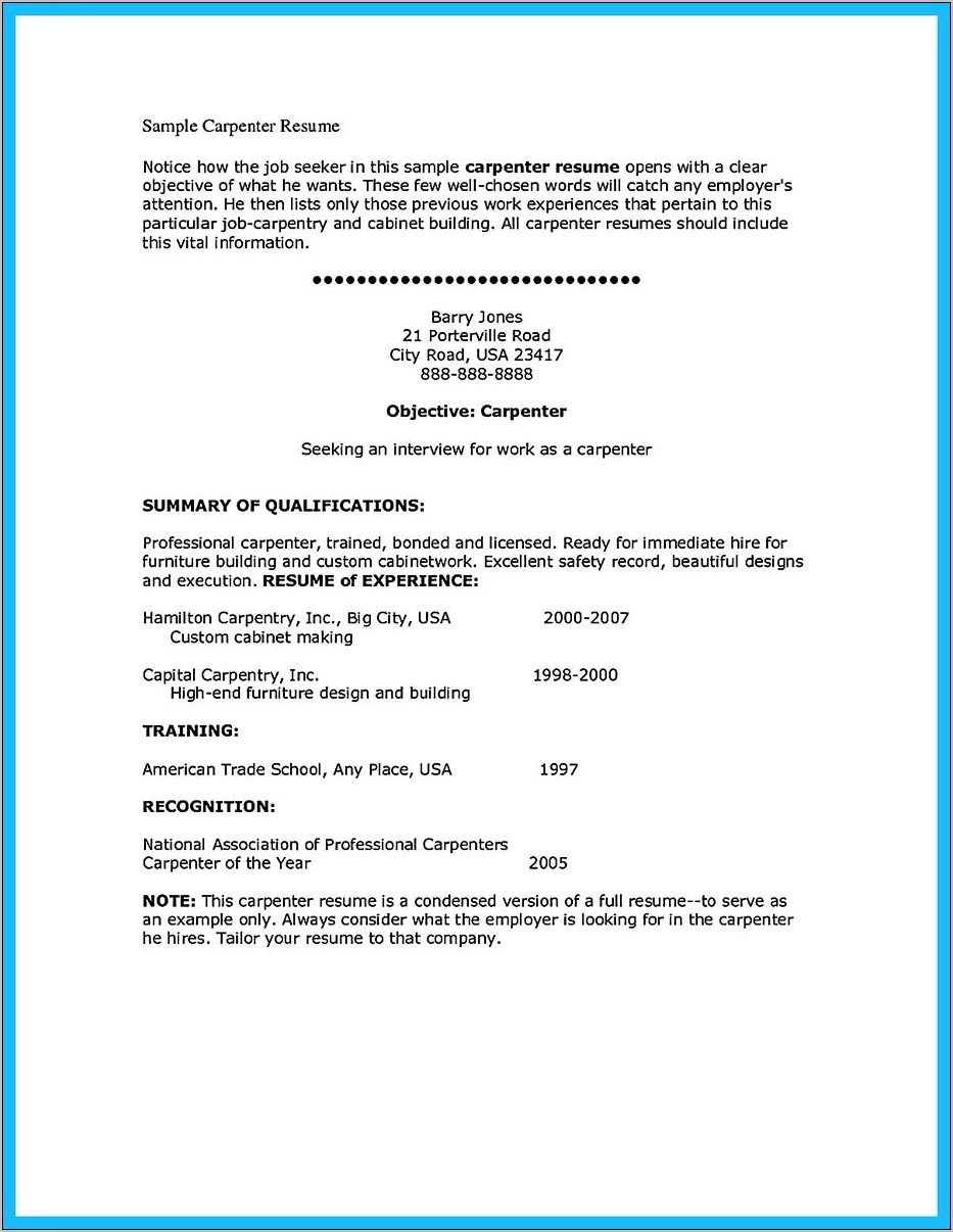 Example Of A Carpenter's Resume