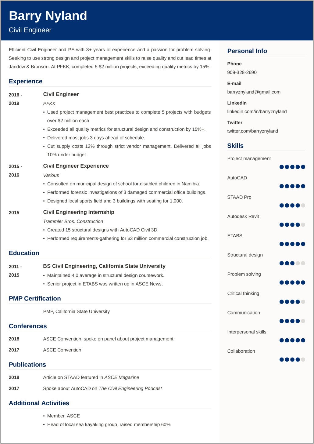 Example Of A Civil Engineering Resume