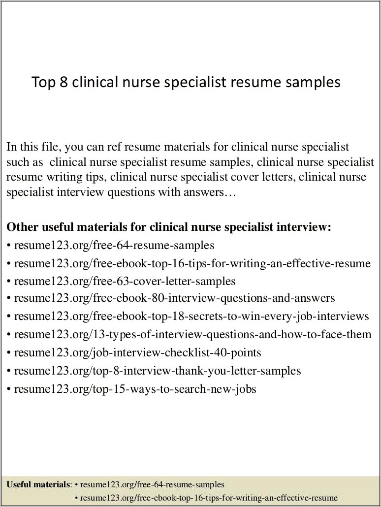 Example Of A Clinical Nurse Specialist Resume