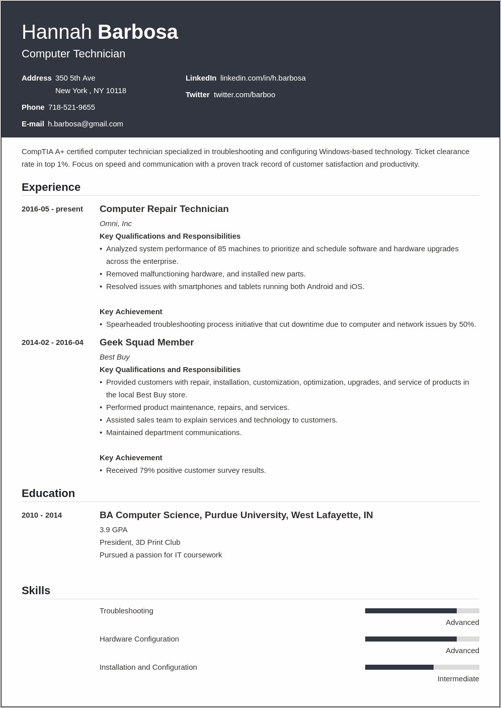 Example Of A Computer Repair Technician Resume