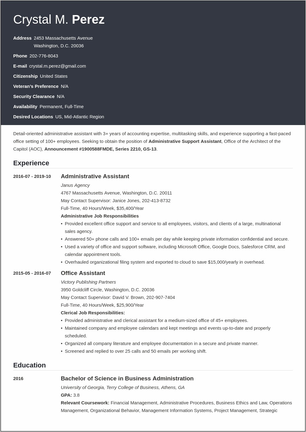 Example Of A Federal Resume 2016