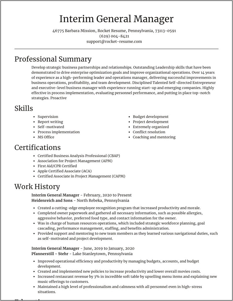 Example Of A General Manager Resume