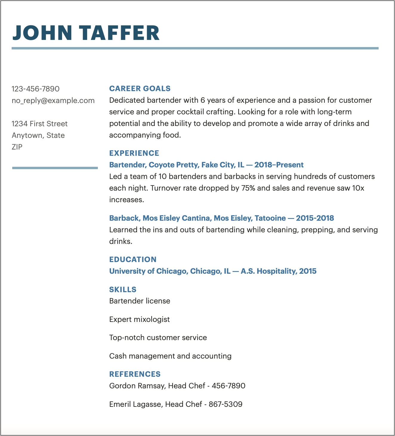 Example Of A Good Bartender Resume